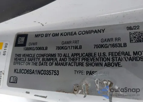 2022 Chevrolet Spark Fwd 1Lt Automatic z USA, uszkodzony, nr VIN KL8CD6SA1NC035753